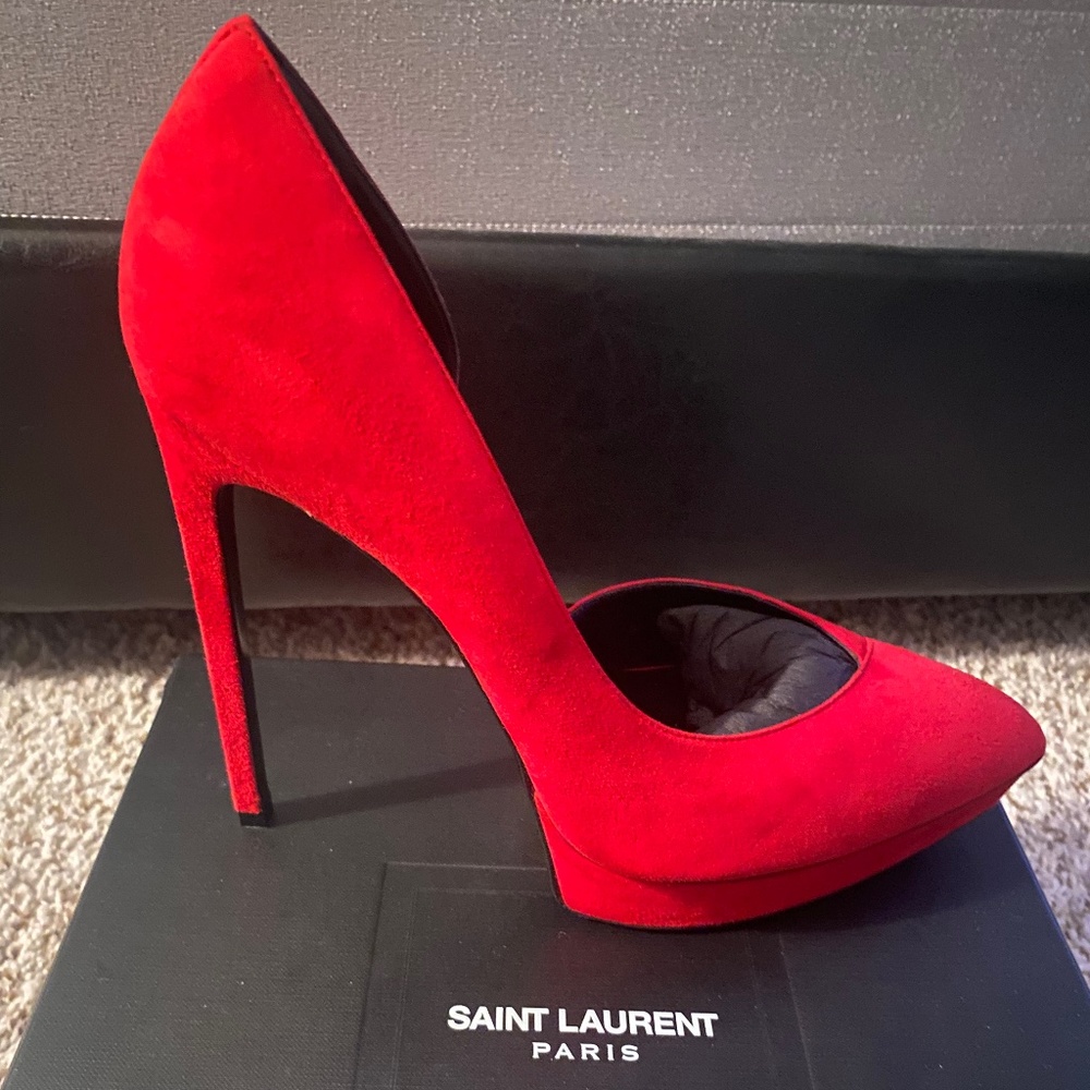 39.5 Red Saint Laurent Janis Dorsay Suede Pumps